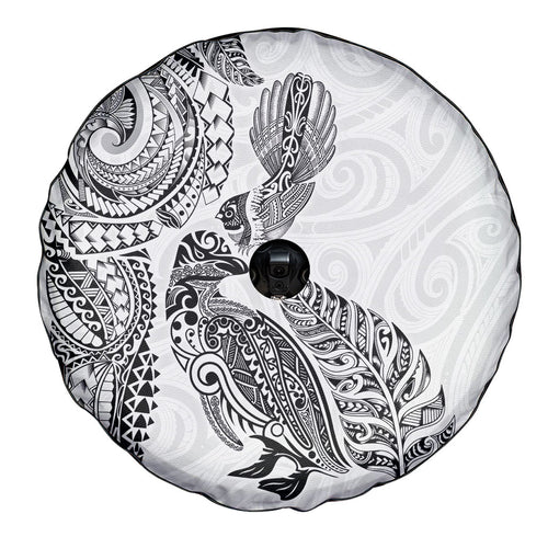 Aotearoa Moko Tribal Tattoo Spare Tire Cover New Zealand Maori Penguin and Fantail White Color