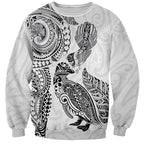 Aotearoa Moko Tribal Tattoo Sweatshirt New Zealand Maori Penguin and Fantail White Color