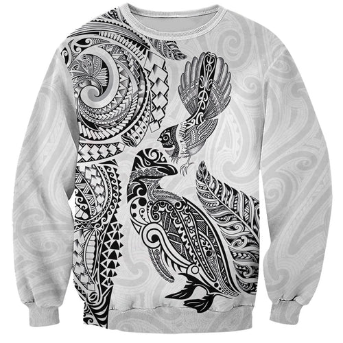 Aotearoa Moko Tribal Tattoo Sweatshirt New Zealand Maori Penguin and Fantail White Color