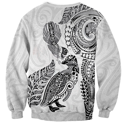Aotearoa Moko Tribal Tattoo Sweatshirt New Zealand Maori Penguin and Fantail White Color