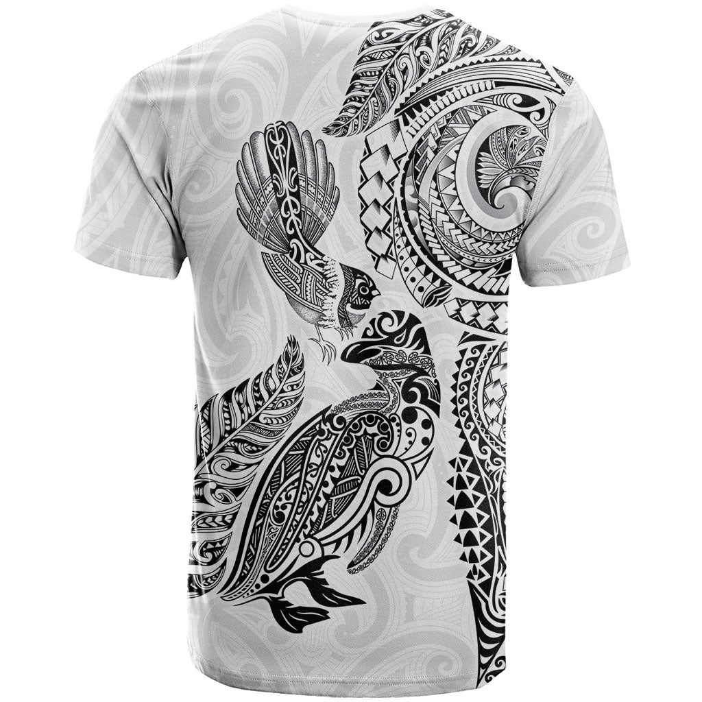 Aotearoa Moko Tribal Tattoo T Shirt New Zealand Maori Penguin and Fantail White Color