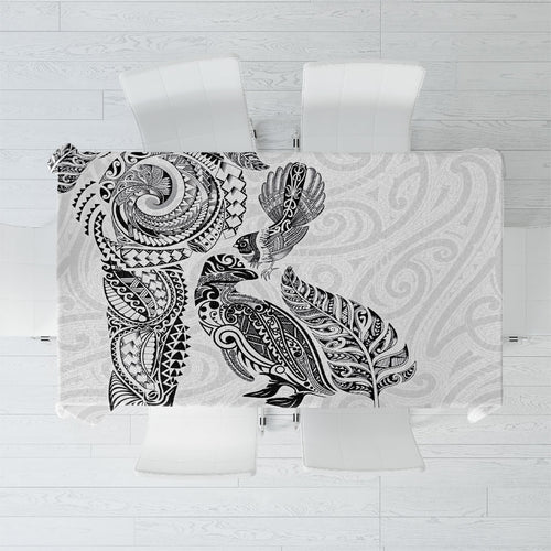 Aotearoa Moko Tribal Tattoo Tablecloth New Zealand Maori Penguin and Fantail White Color