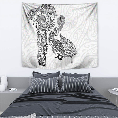 Aotearoa Moko Tribal Tattoo Tapestry New Zealand Maori Penguin and Fantail White Color