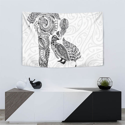 Aotearoa Moko Tribal Tattoo Tapestry New Zealand Maori Penguin and Fantail White Color