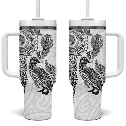 Aotearoa Moko Tribal Tattoo Tumbler With Handle New Zealand Maori Penguin and Fantail White Color
