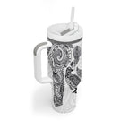 Aotearoa Moko Tribal Tattoo Tumbler With Handle New Zealand Maori Penguin and Fantail White Color