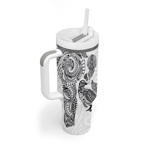 Aotearoa Moko Tribal Tattoo Tumbler With Handle New Zealand Maori Penguin and Fantail White Color