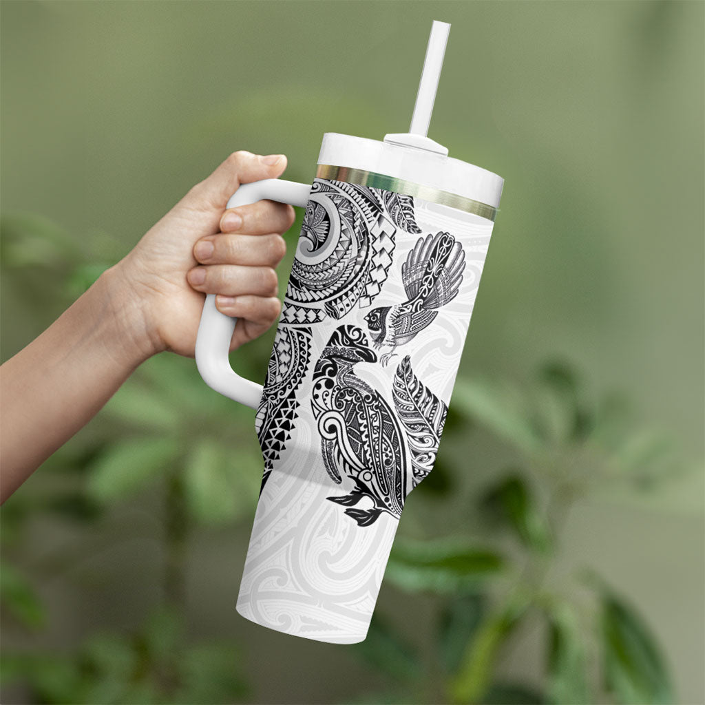 Aotearoa Moko Tribal Tattoo Tumbler With Handle New Zealand Maori Penguin and Fantail White Color