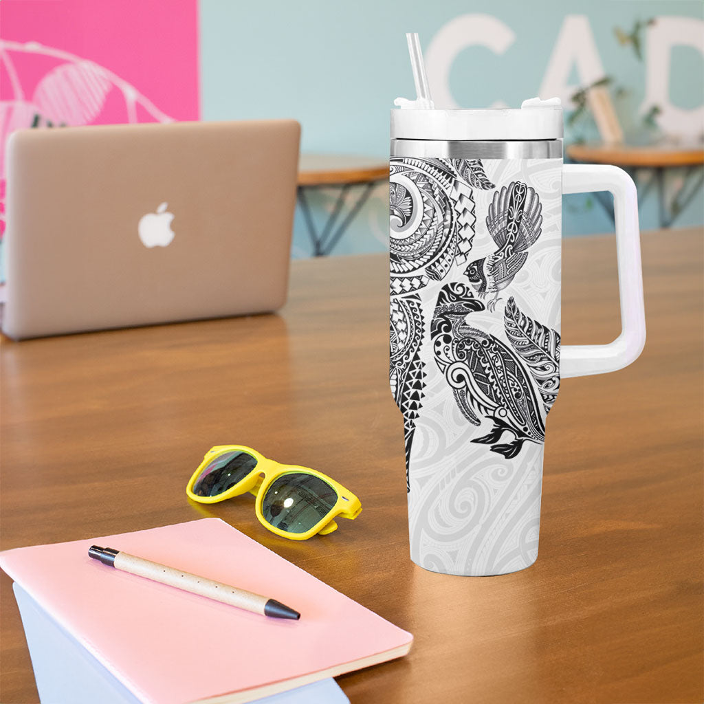 Aotearoa Moko Tribal Tattoo Tumbler With Handle New Zealand Maori Penguin and Fantail White Color