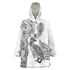 Aotearoa Moko Tribal Tattoo Wearable Blanket Hoodie New Zealand Maori Penguin and Fantail White Color