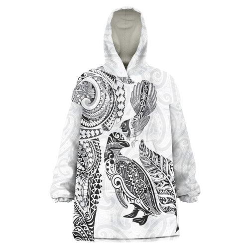 Aotearoa Moko Tribal Tattoo Wearable Blanket Hoodie New Zealand Maori Penguin and Fantail White Color