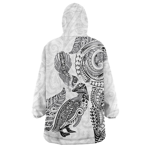 Aotearoa Moko Tribal Tattoo Wearable Blanket Hoodie New Zealand Maori Penguin and Fantail White Color