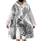 Aotearoa Moko Tribal Tattoo Wearable Blanket Hoodie New Zealand Maori Penguin and Fantail White Color