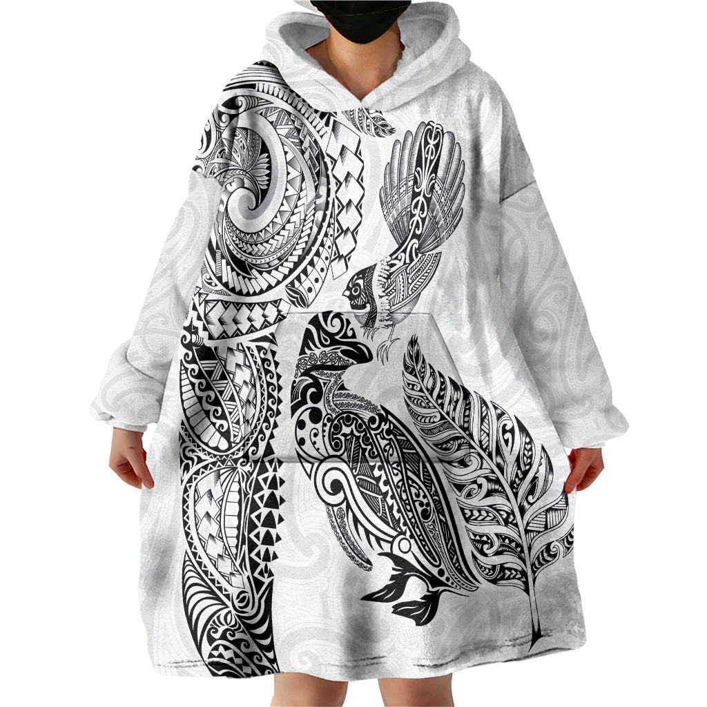 Aotearoa Moko Tribal Tattoo Wearable Blanket Hoodie New Zealand Maori Penguin and Fantail White Color