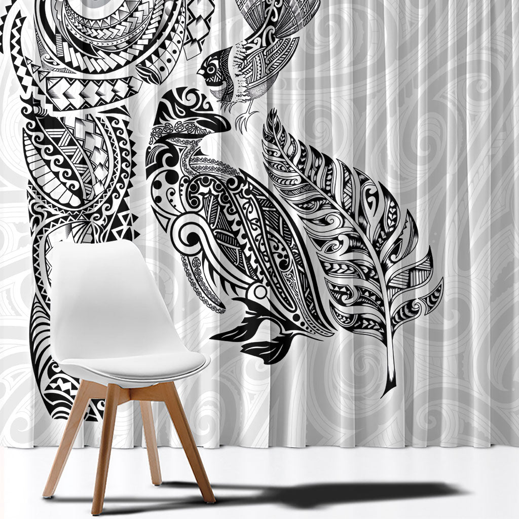 Aotearoa Moko Tribal Tattoo Window Curtain New Zealand Maori Penguin and Fantail White Color