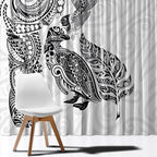 Aotearoa Moko Tribal Tattoo Window Curtain New Zealand Maori Penguin and Fantail White Color