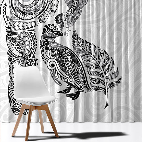 Aotearoa Moko Tribal Tattoo Window Curtain New Zealand Maori Penguin and Fantail White Color