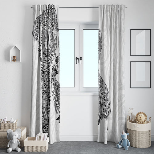 Aotearoa Moko Tribal Tattoo Window Curtain New Zealand Maori Penguin and Fantail White Color
