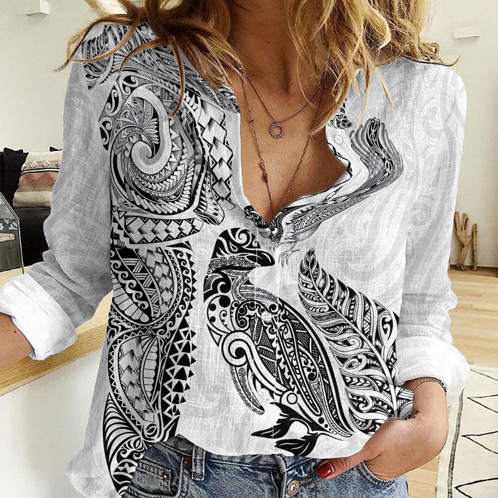 Aotearoa Moko Tribal Tattoo Women Casual Shirt New Zealand Maori Penguin and Fantail White Color