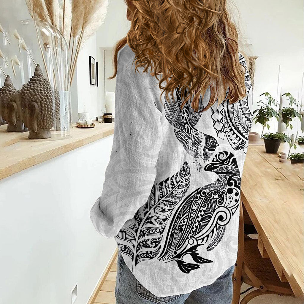 Aotearoa Moko Tribal Tattoo Women Casual Shirt New Zealand Maori Penguin and Fantail White Color