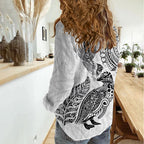 Aotearoa Moko Tribal Tattoo Women Casual Shirt New Zealand Maori Penguin and Fantail White Color