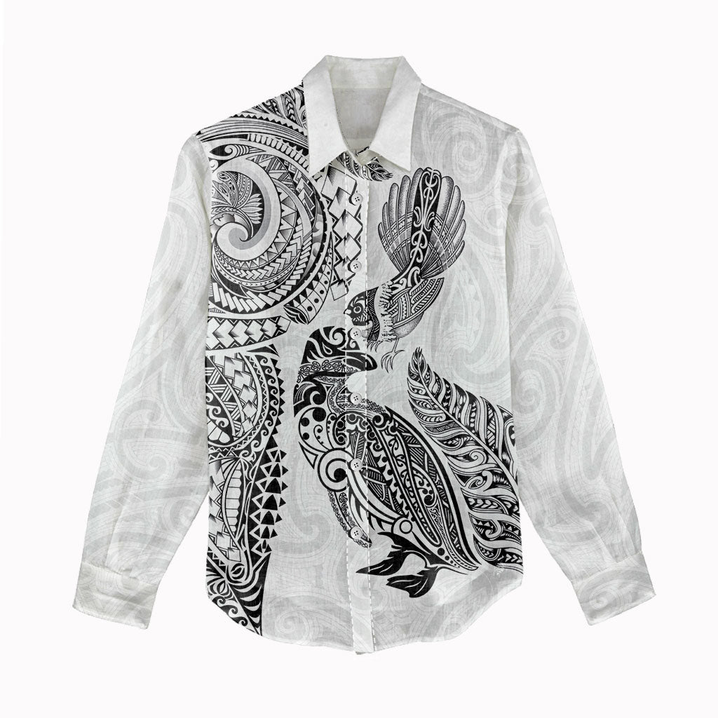 Aotearoa Moko Tribal Tattoo Women Casual Shirt New Zealand Maori Penguin and Fantail White Color