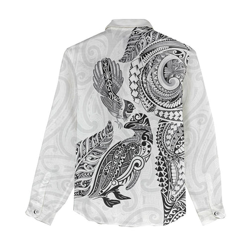 Aotearoa Moko Tribal Tattoo Women Casual Shirt New Zealand Maori Penguin and Fantail White Color