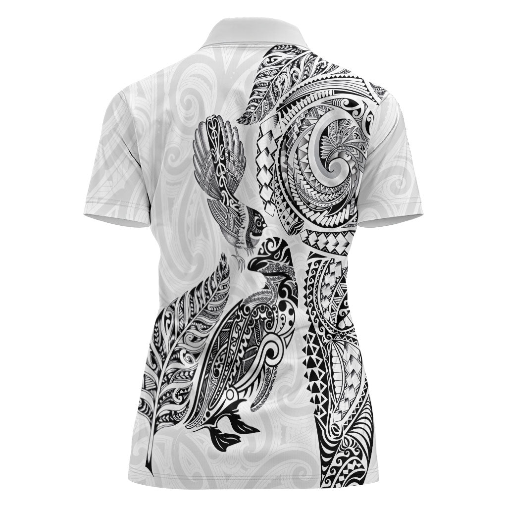 Aotearoa Moko Tribal Tattoo Women Polo Shirt New Zealand Maori Penguin and Fantail White Color
