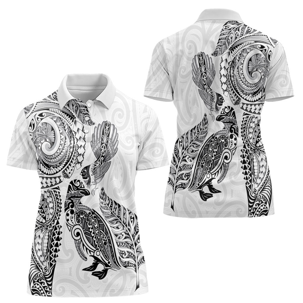 Aotearoa Moko Tribal Tattoo Women Polo Shirt New Zealand Maori Penguin and Fantail White Color
