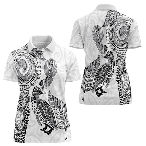 Aotearoa Moko Tribal Tattoo Women Polo Shirt New Zealand Maori Penguin and Fantail White Color
