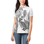 Aotearoa Moko Tribal Tattoo Women Polo Shirt New Zealand Maori Penguin and Fantail White Color