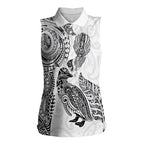 Aotearoa Moko Tribal Tattoo Women Sleeveless Polo Shirt New Zealand Maori Penguin and Fantail White Color