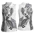 Aotearoa Moko Tribal Tattoo Women Sleeveless Polo Shirt New Zealand Maori Penguin and Fantail White Color