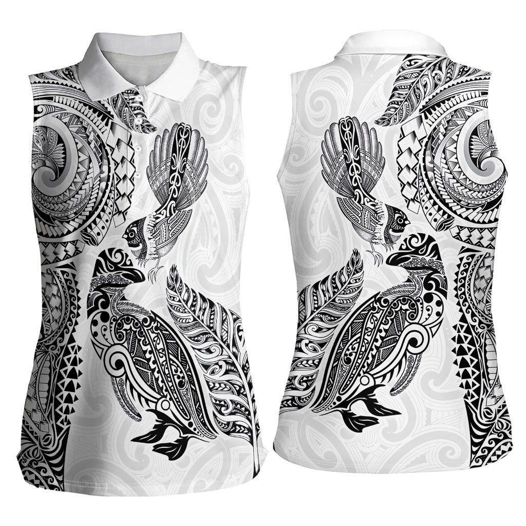 Aotearoa Moko Tribal Tattoo Women Sleeveless Polo Shirt New Zealand Maori Penguin and Fantail White Color