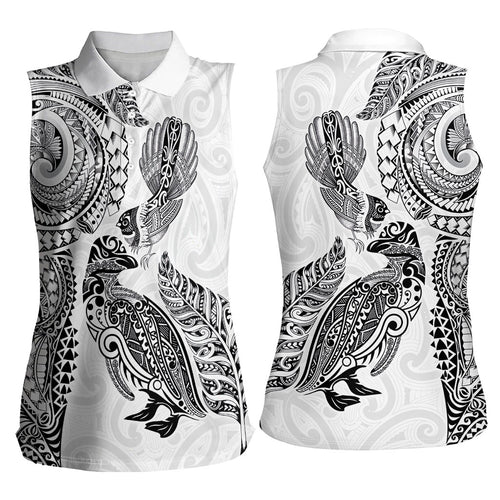 Aotearoa Moko Tribal Tattoo Women Sleeveless Polo Shirt New Zealand Maori Penguin and Fantail White Color