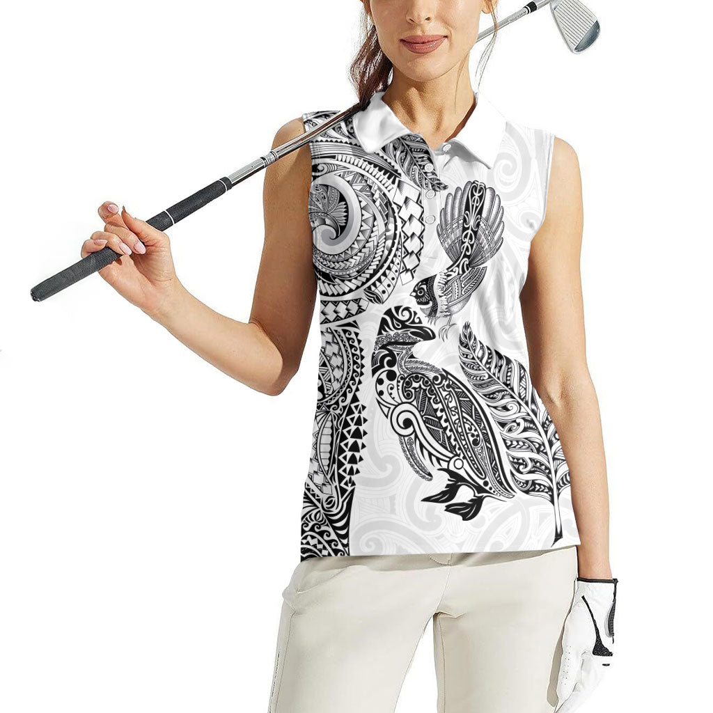Aotearoa Moko Tribal Tattoo Women Sleeveless Polo Shirt New Zealand Maori Penguin and Fantail White Color