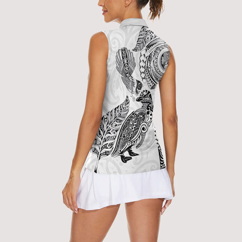Aotearoa Moko Tribal Tattoo Women Sleeveless Polo Shirt New Zealand Maori Penguin and Fantail White Color