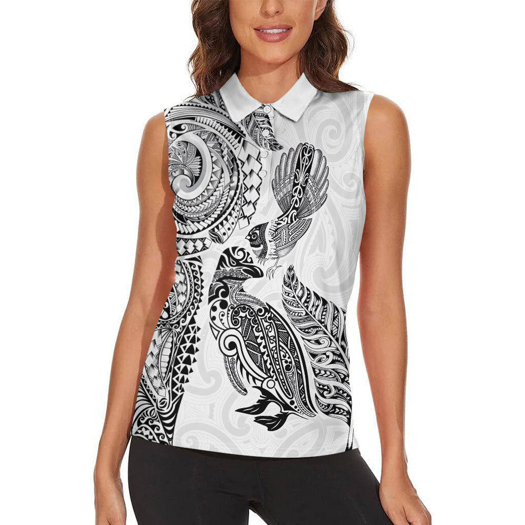 Aotearoa Moko Tribal Tattoo Women Sleeveless Polo Shirt New Zealand Maori Penguin and Fantail White Color