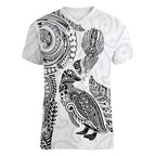 Aotearoa Moko Tribal Tattoo Women V-Neck T-Shirt New Zealand Maori Penguin and Fantail White Color