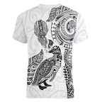 Aotearoa Moko Tribal Tattoo Women V-Neck T-Shirt New Zealand Maori Penguin and Fantail White Color