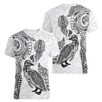 Aotearoa Moko Tribal Tattoo Women V-Neck T-Shirt New Zealand Maori Penguin and Fantail White Color
