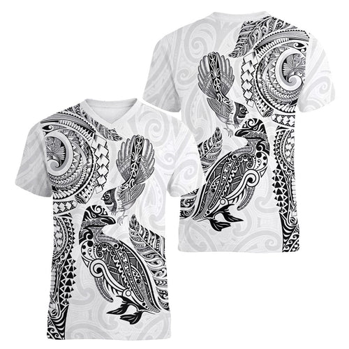 Aotearoa Moko Tribal Tattoo Women V-Neck T-Shirt New Zealand Maori Penguin and Fantail White Color