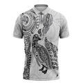 Aotearoa Moko Tribal Tattoo Zipper Polo Shirt New Zealand Maori Penguin and Fantail White Color