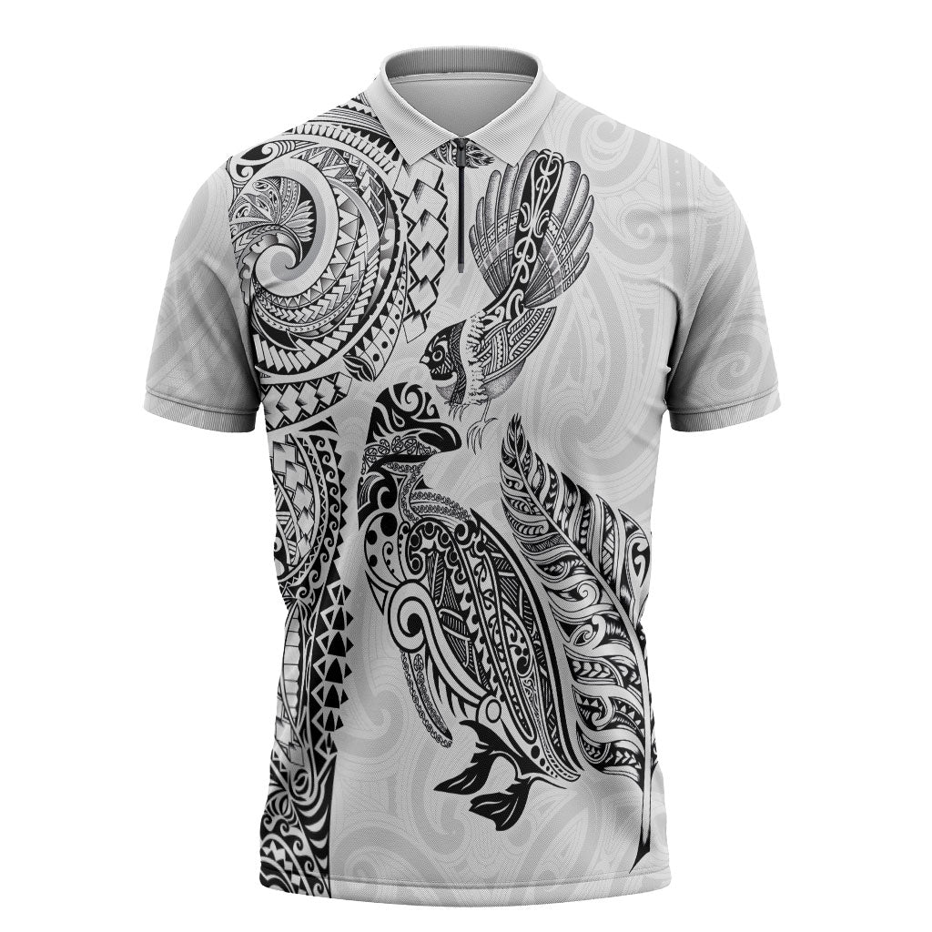 Aotearoa Moko Tribal Tattoo Zipper Polo Shirt New Zealand Maori Penguin and Fantail White Color