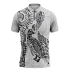Aotearoa Moko Tribal Tattoo Zipper Polo Shirt New Zealand Maori Penguin and Fantail White Color