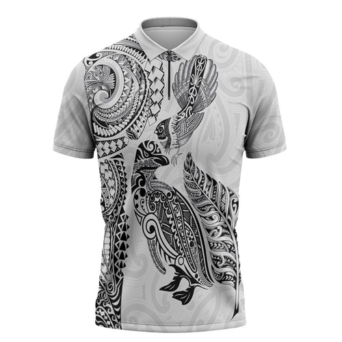 Aotearoa Moko Tribal Tattoo Zipper Polo Shirt New Zealand Maori Penguin and Fantail White Color