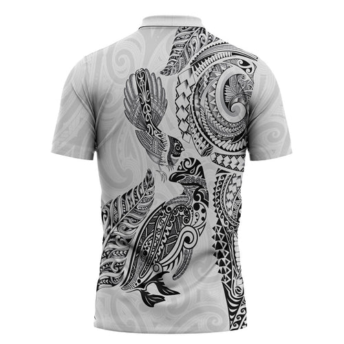 Aotearoa Moko Tribal Tattoo Zipper Polo Shirt New Zealand Maori Penguin and Fantail White Color