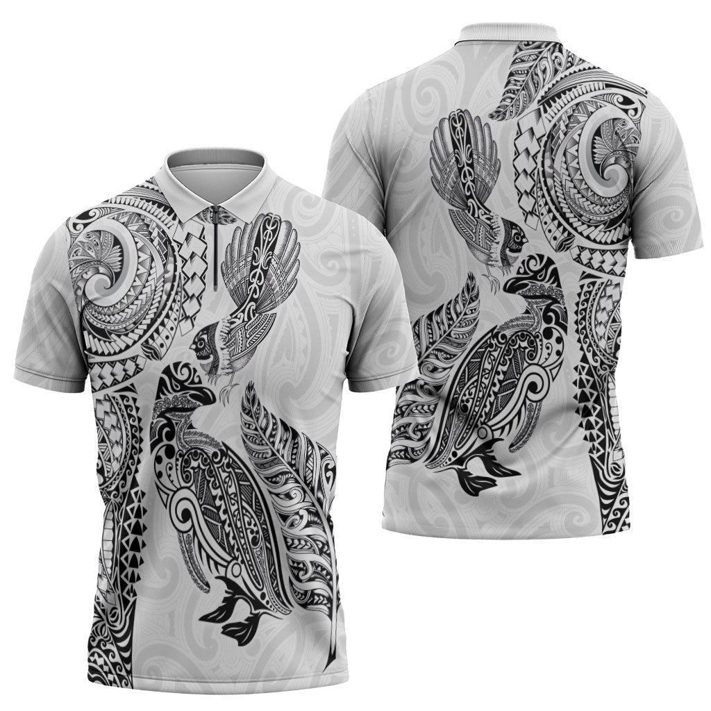 Aotearoa Moko Tribal Tattoo Zipper Polo Shirt New Zealand Maori Penguin and Fantail White Color