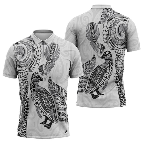 Aotearoa Moko Tribal Tattoo Zipper Polo Shirt New Zealand Maori Penguin and Fantail White Color