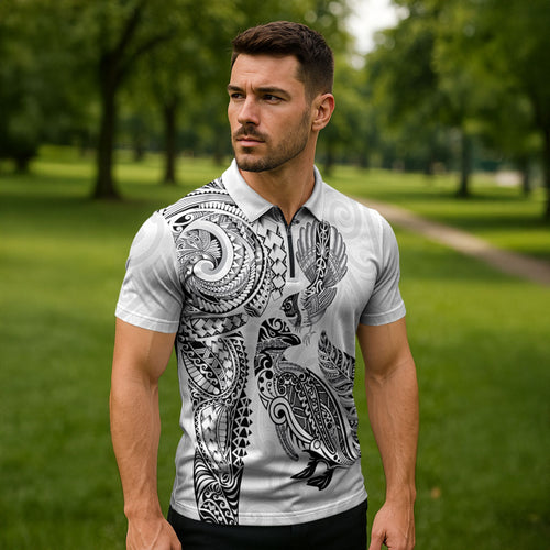 Aotearoa Moko Tribal Tattoo Zipper Polo Shirt New Zealand Maori Penguin and Fantail White Color